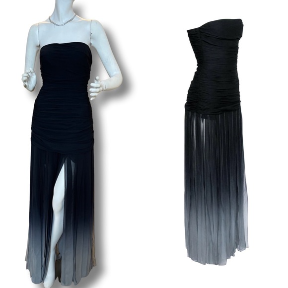 BCBG Max Azria Black Strapless Ruched Bodice Gown W/ Ombré Fringe - Picture 1 of 14